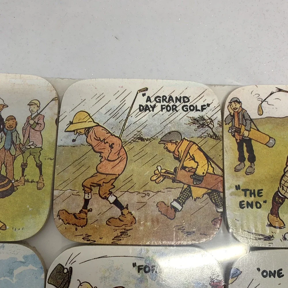 Cartoon Golfing Coasters‎ Tom Browne  Set of 6 Edwardian Scene Novelty  Gift